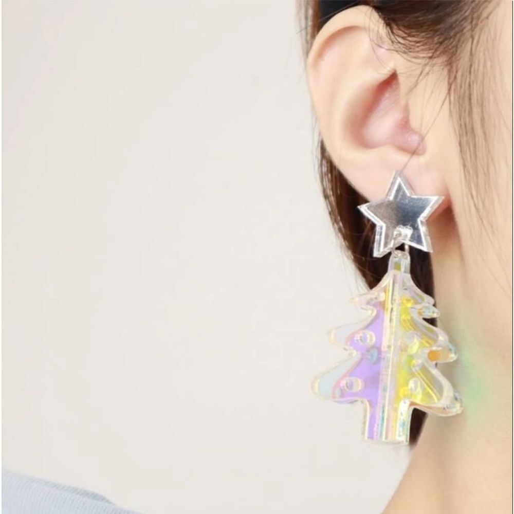 Holographic Holiday Christmas Tree Star Dangle Drop Earrings - Picture 2 of 5